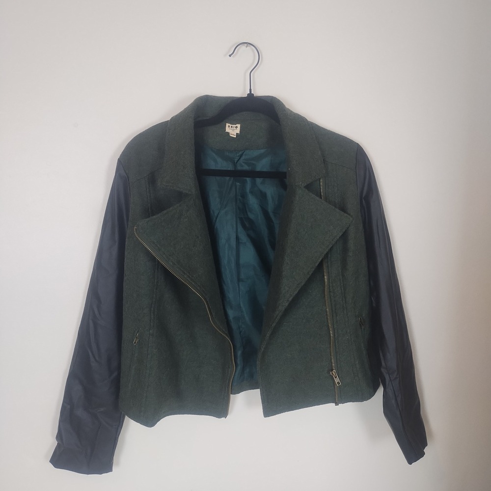 Uniq Womens Green Wool Blend Moto Jacket Faux Leather Sleeves Medium‎ Cropped